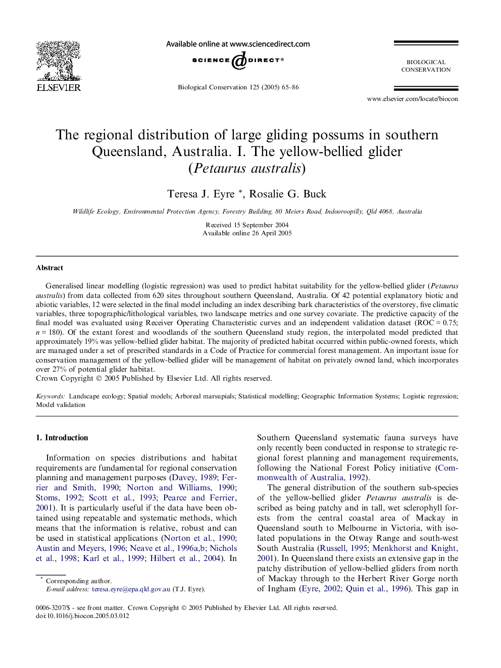 The regional distribution of large gliding possums in southern Queensland, Australia. I. The yellow-bellied glider (Petaurus australis)