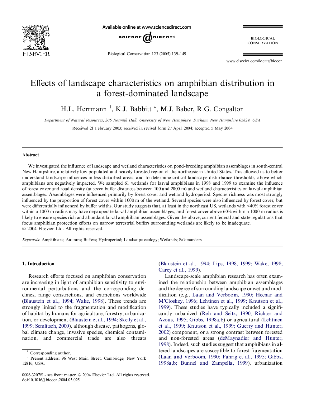 Effects of landscape characteristics on amphibian distribution in a forest-dominated landscape