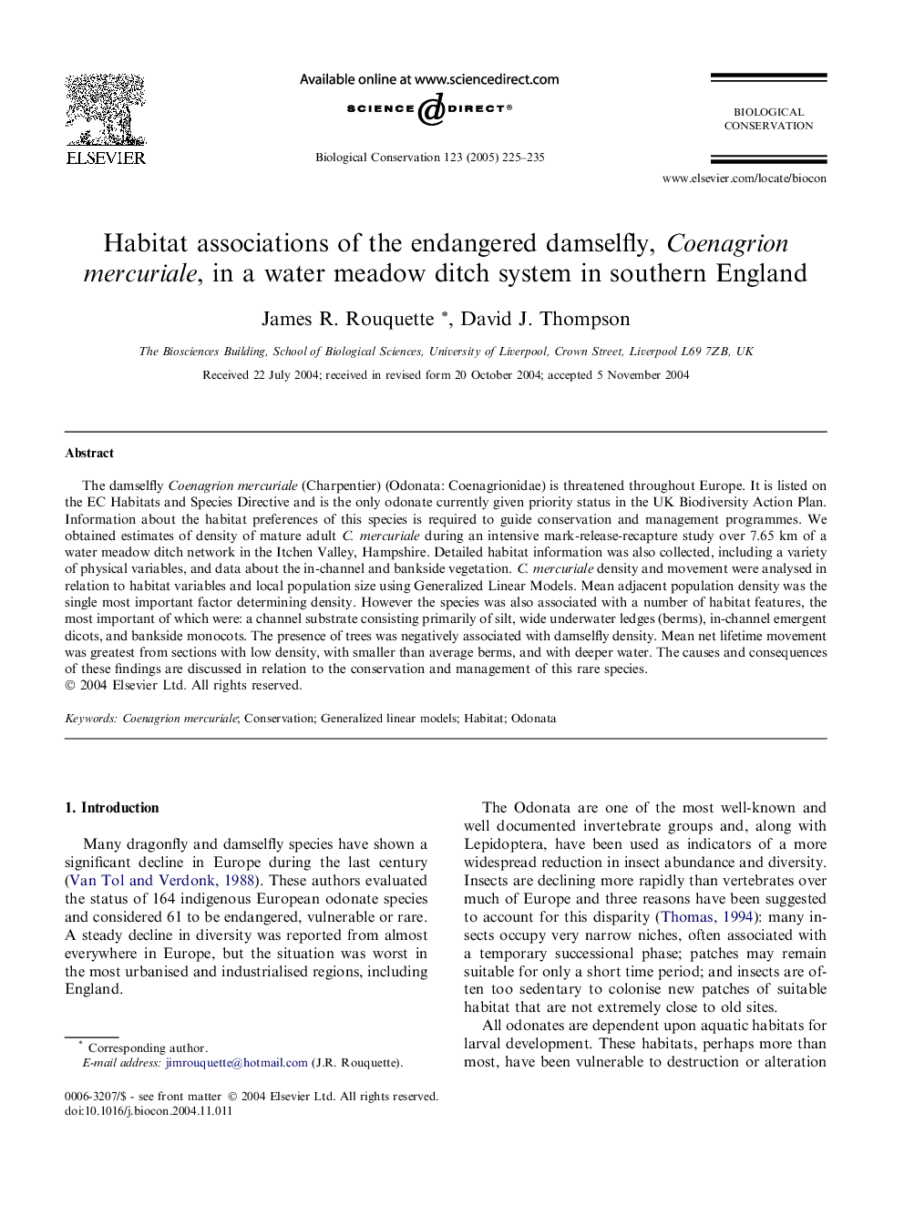 Habitat associations of the endangered damselfly, Coenagrion mercuriale, in a water meadow ditch system in southern England