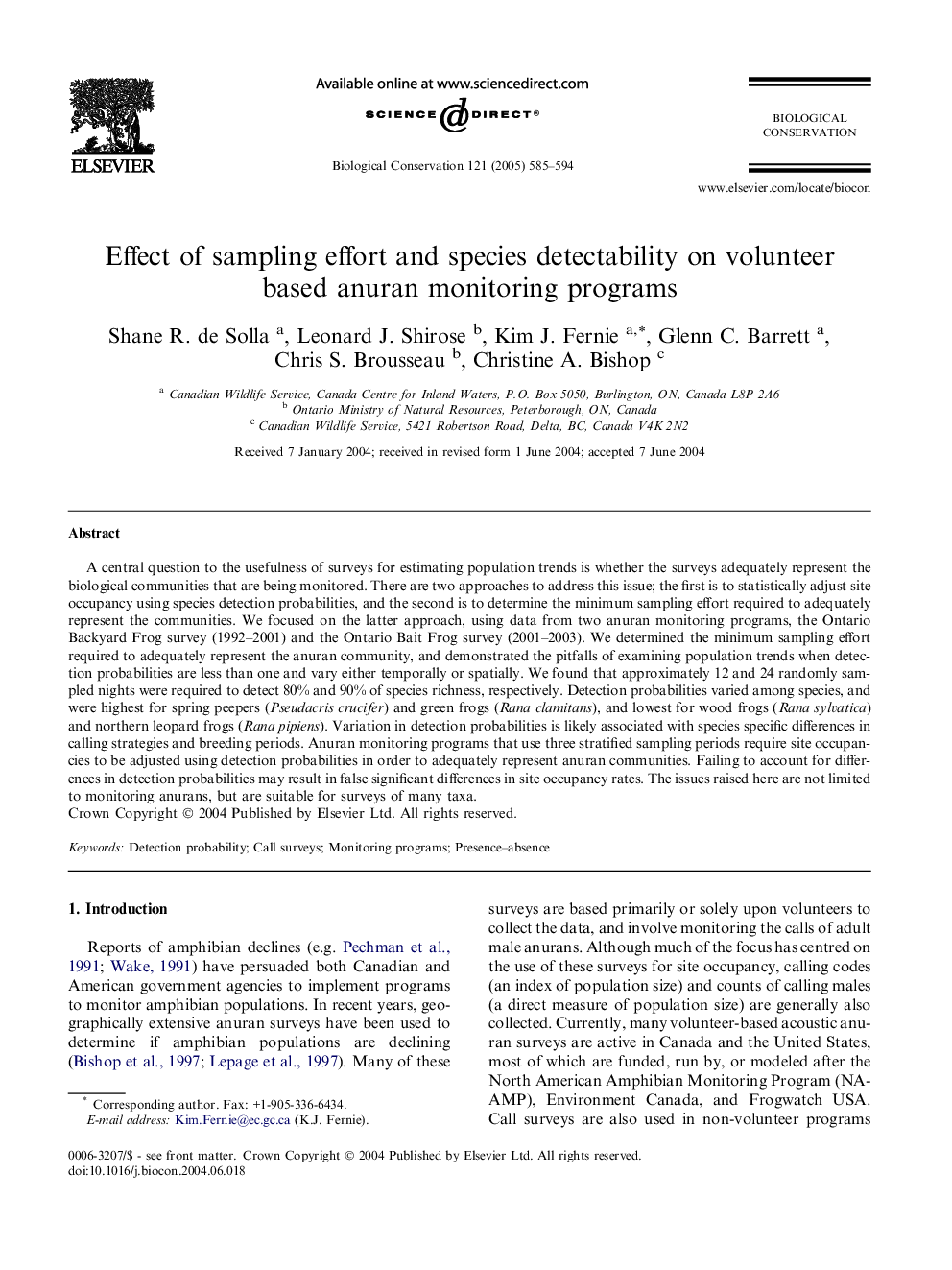 Effect of sampling effort and species detectability on volunteer based anuran monitoring programs