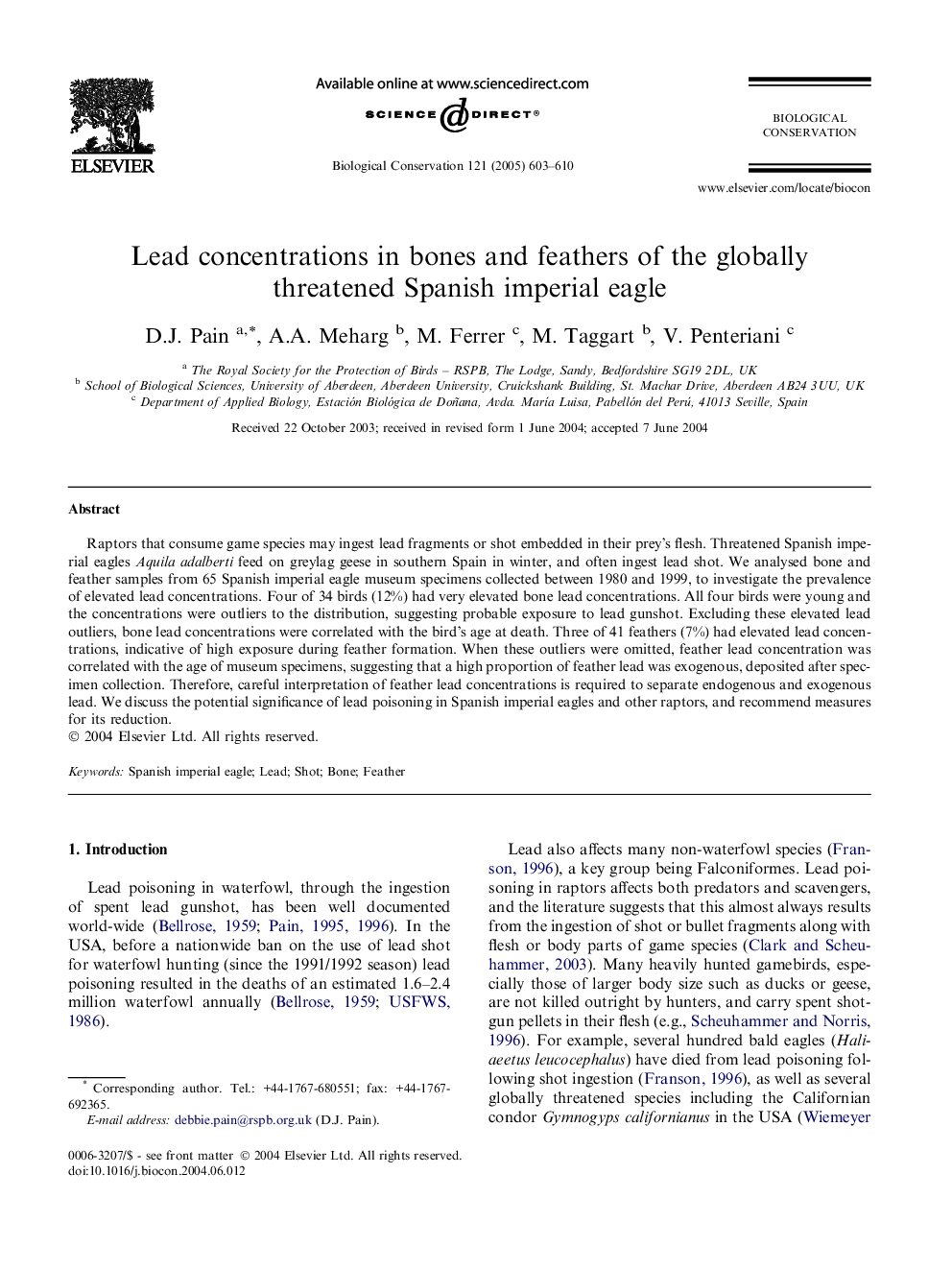 Lead concentrations in bones and feathers of the globally threatened Spanish imperial eagle