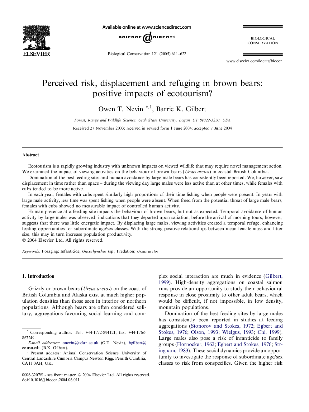 Perceived risk, displacement and refuging in brown bears: positive impacts of ecotourism?