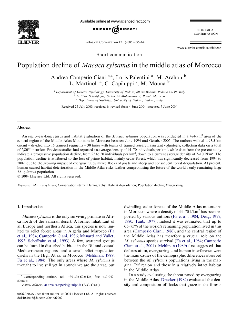 Population decline of Macaca sylvanus in the middle atlas of Morocco