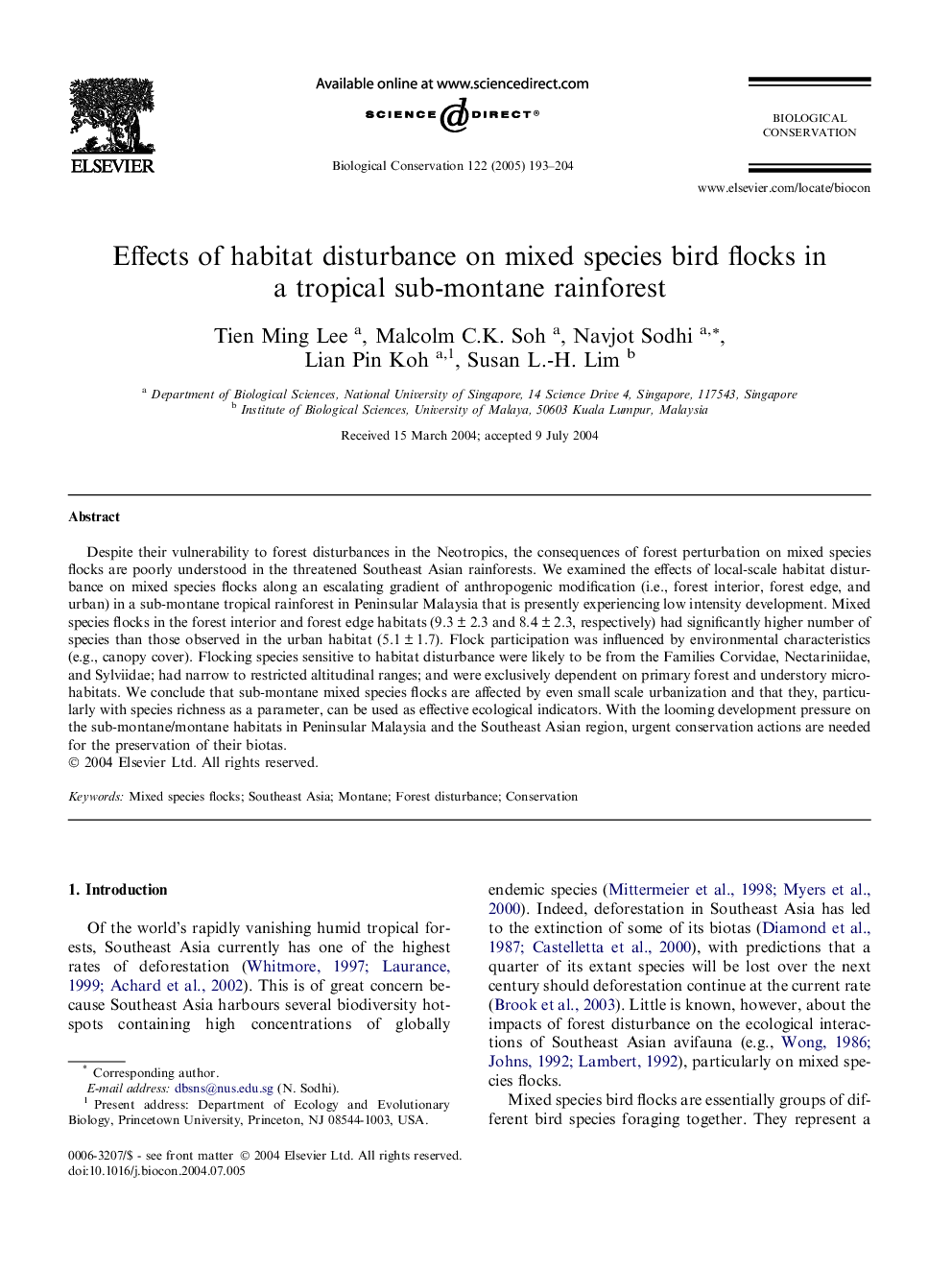 Effects of habitat disturbance on mixed species bird flocks in a tropical sub-montane rainforest