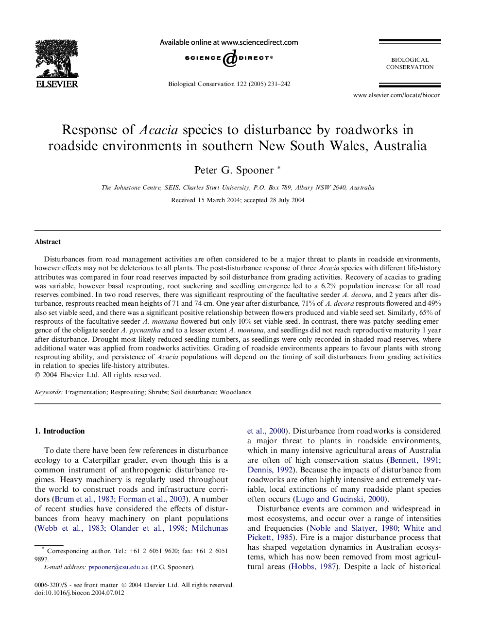 Response of Acacia species to disturbance by roadworks in roadside environments in southern New South Wales, Australia