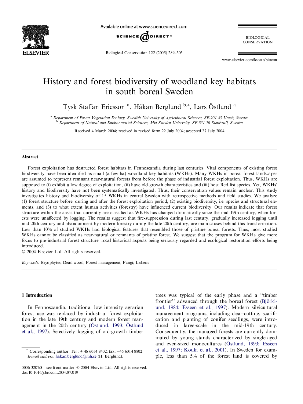 History and forest biodiversity of woodland key habitats in south boreal Sweden