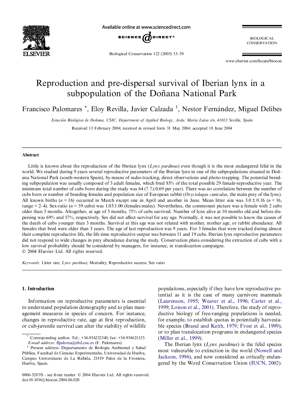 Reproduction and pre-dispersal survival of Iberian lynx in a subpopulation of the Doñana National Park