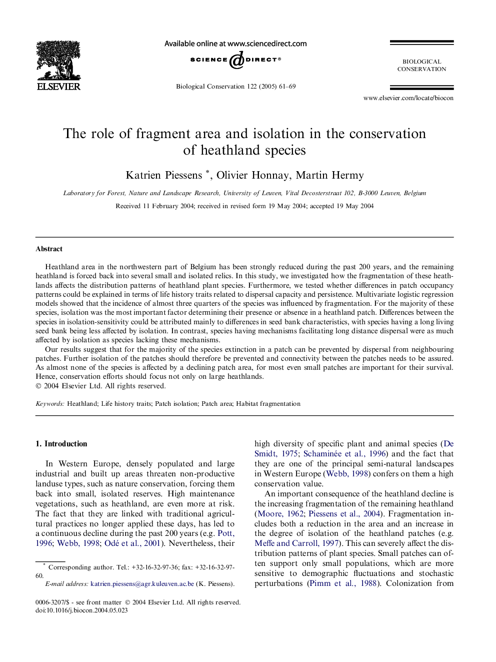 The role of fragment area and isolation in the conservation of heathland species