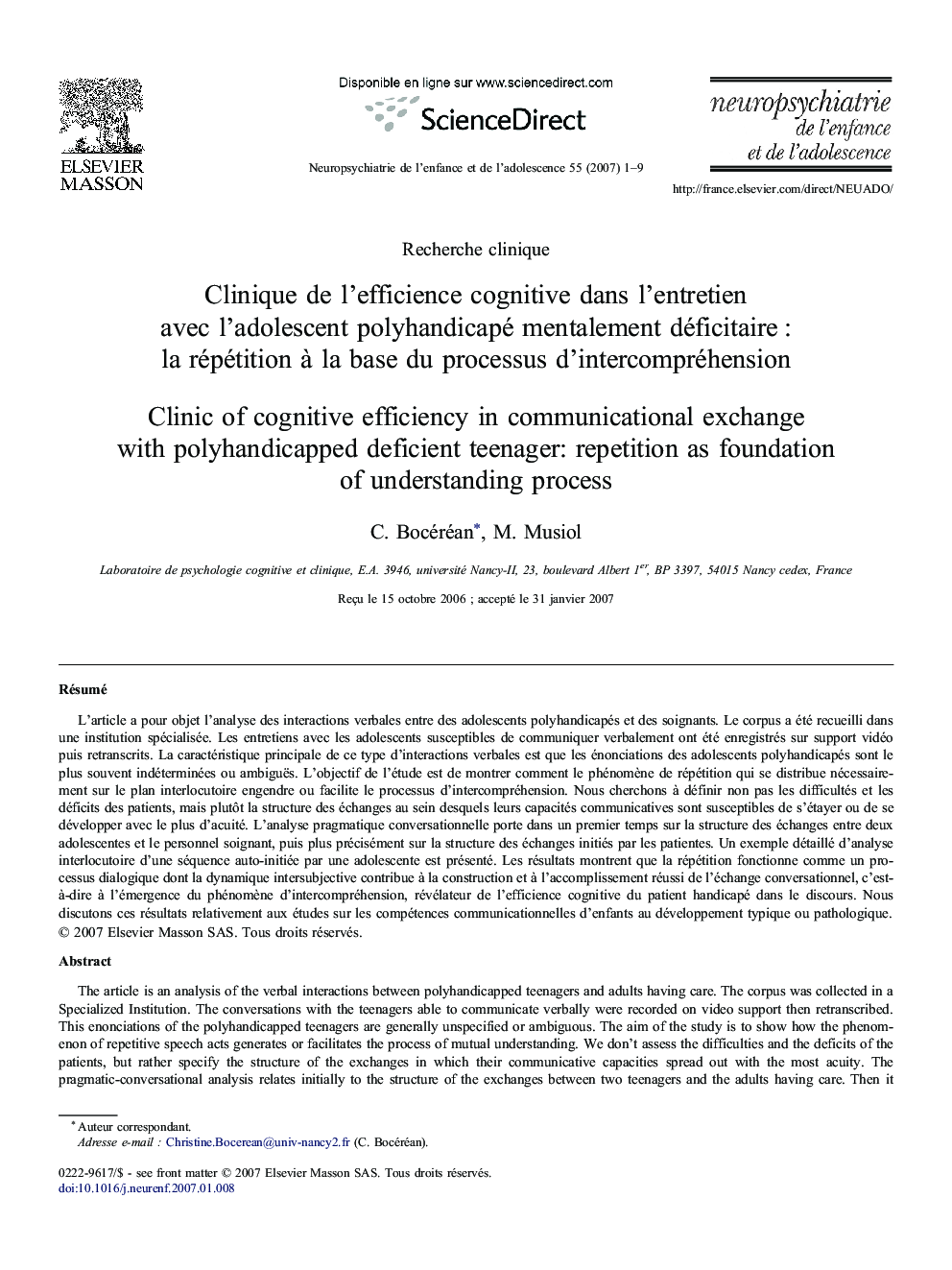 Clinique de l'efficience cognitive dans l'entretien avec l'adolescent polyhandicapé mentalement déficitaire : la répétition à la base du processus d'intercompréhension