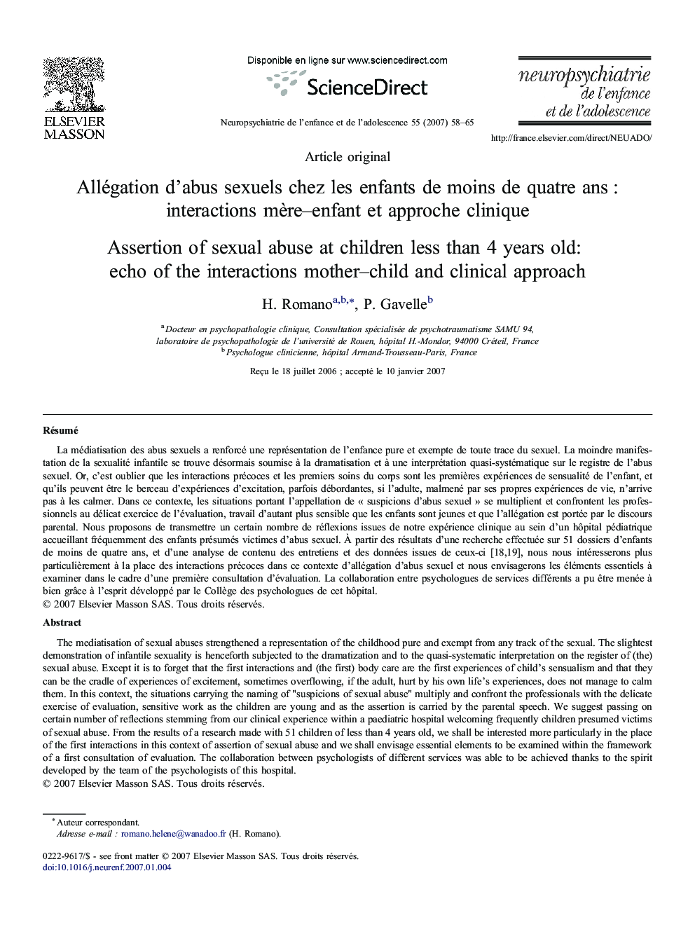 Allégation d'abus sexuels chez les enfants de moins de quatre ans : interactions mère–enfant et approche clinique