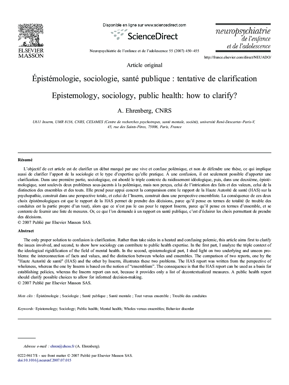 Épistémologie, sociologie, santé publique : tentative de clarification