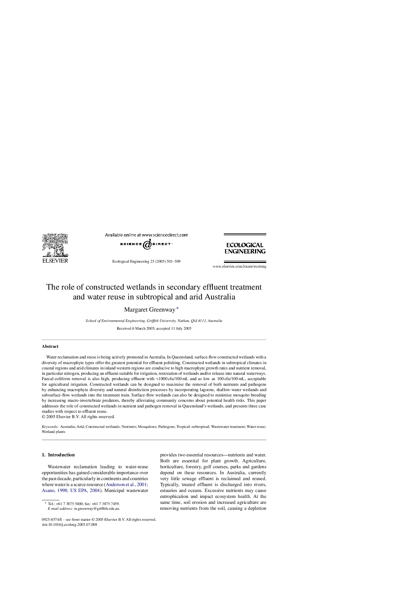 The role of constructed wetlands in secondary effluent treatment and water reuse in subtropical and arid Australia