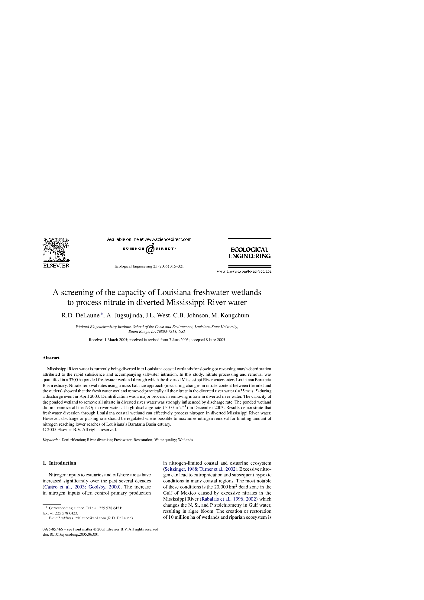 A screening of the capacity of Louisiana freshwater wetlands to process nitrate in diverted Mississippi River water