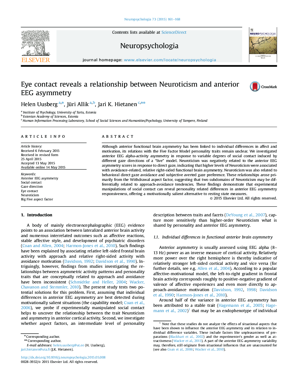 Eye contact reveals a relationship between Neuroticism and anterior EEG asymmetry