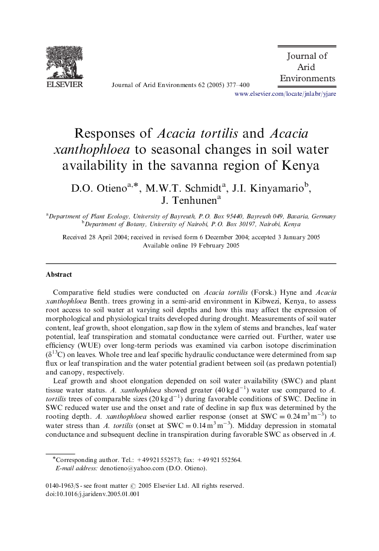 Responses of Acacia tortilis and Acacia xanthophloea to seasonal changes in soil water availability in the savanna region of Kenya