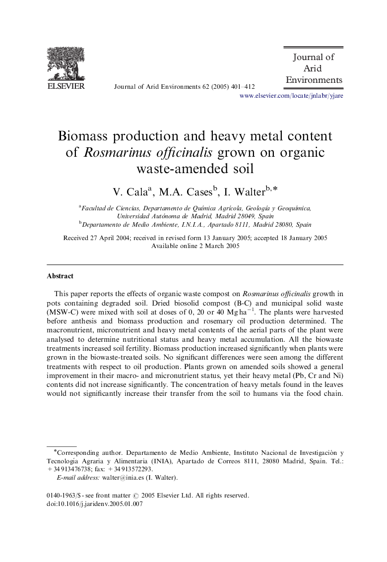 Biomass production and heavy metal content of Rosmarinus officinalis grown on organic waste-amended soil