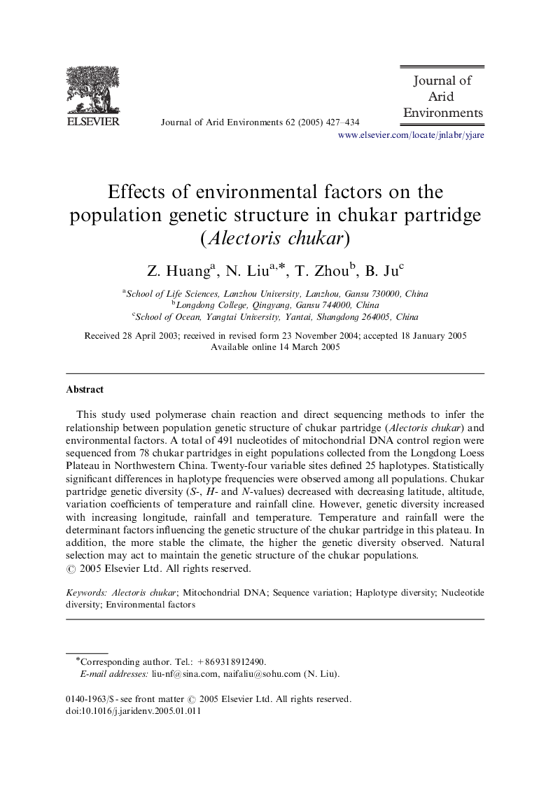 Effects of environmental factors on the population genetic structure in chukar partridge (Alectoris chukar)