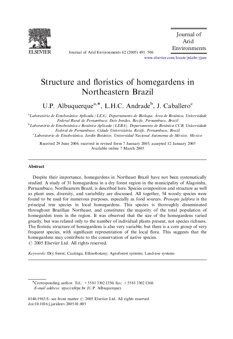 Structure and floristics of homegardens in Northeastern Brazil