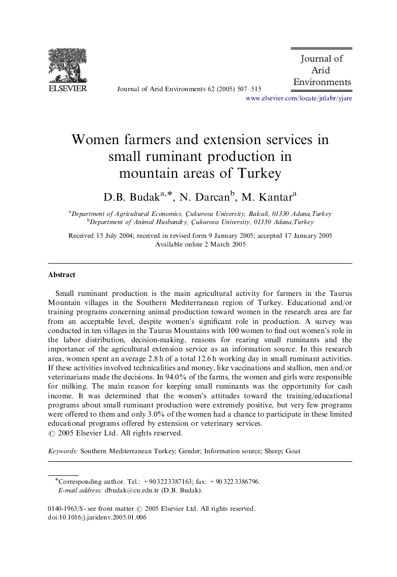 Women farmers and extension services in small ruminant production in mountain areas of Turkey