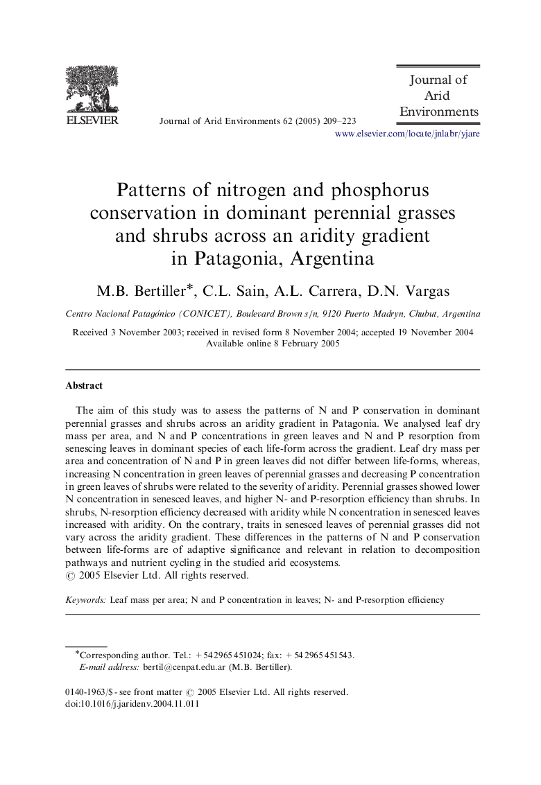 Patterns of nitrogen and phosphorus conservation in dominant perennial grasses and shrubs across an aridity gradient in Patagonia, Argentina