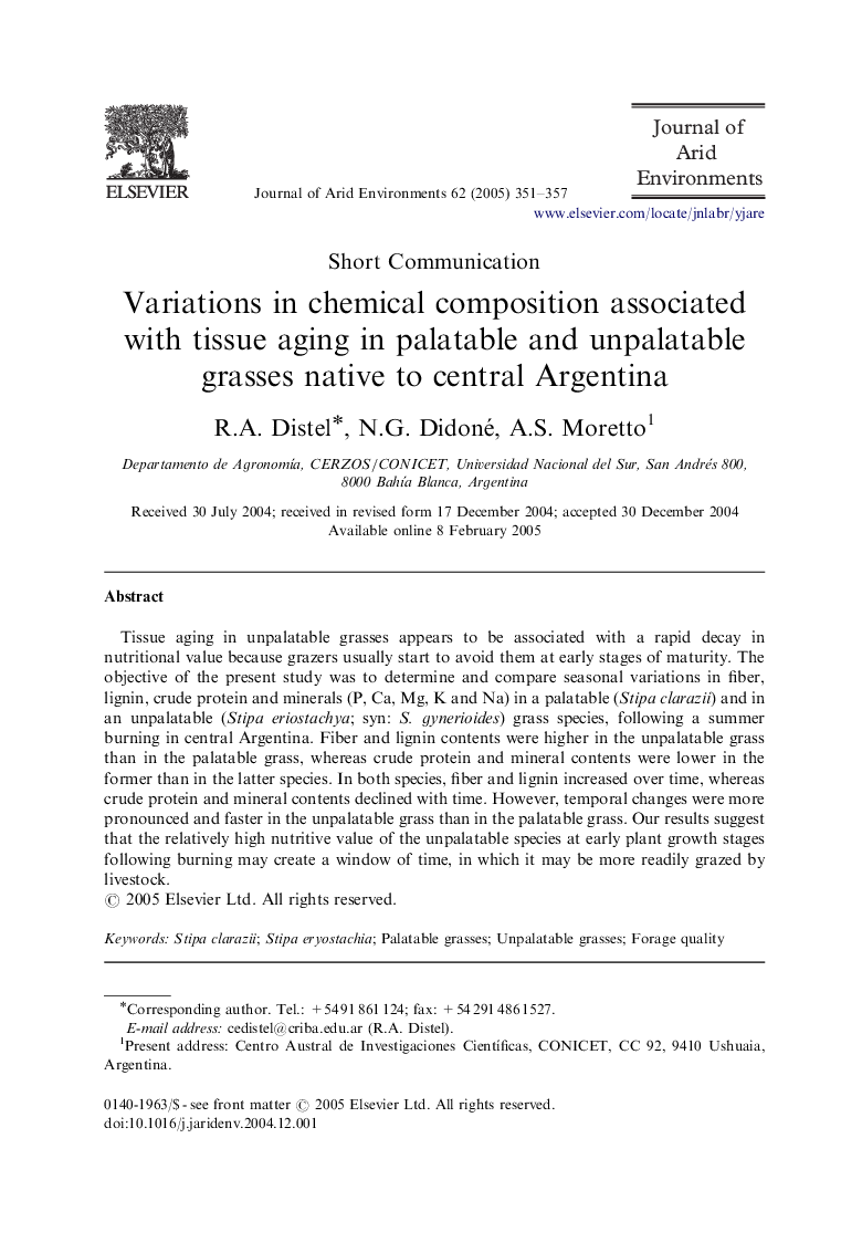 Variations in chemical composition associated with tissue aging in palatable and unpalatable grasses native to central Argentina