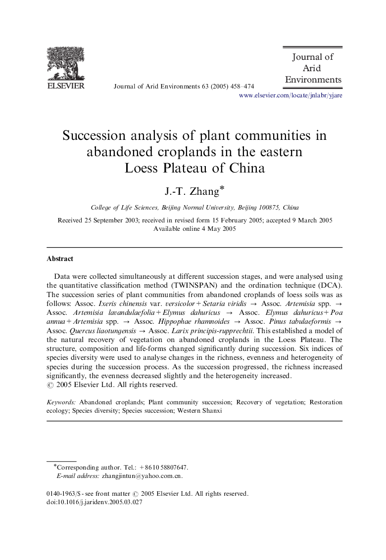 Succession analysis of plant communities in abandoned croplands in the eastern Loess Plateau of China