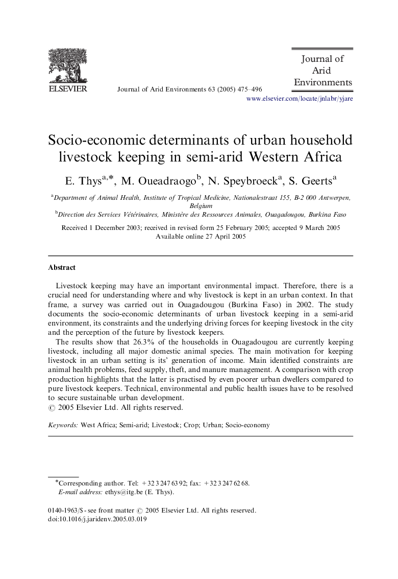 Socio-economic determinants of urban household livestock keeping in semi-arid Western Africa