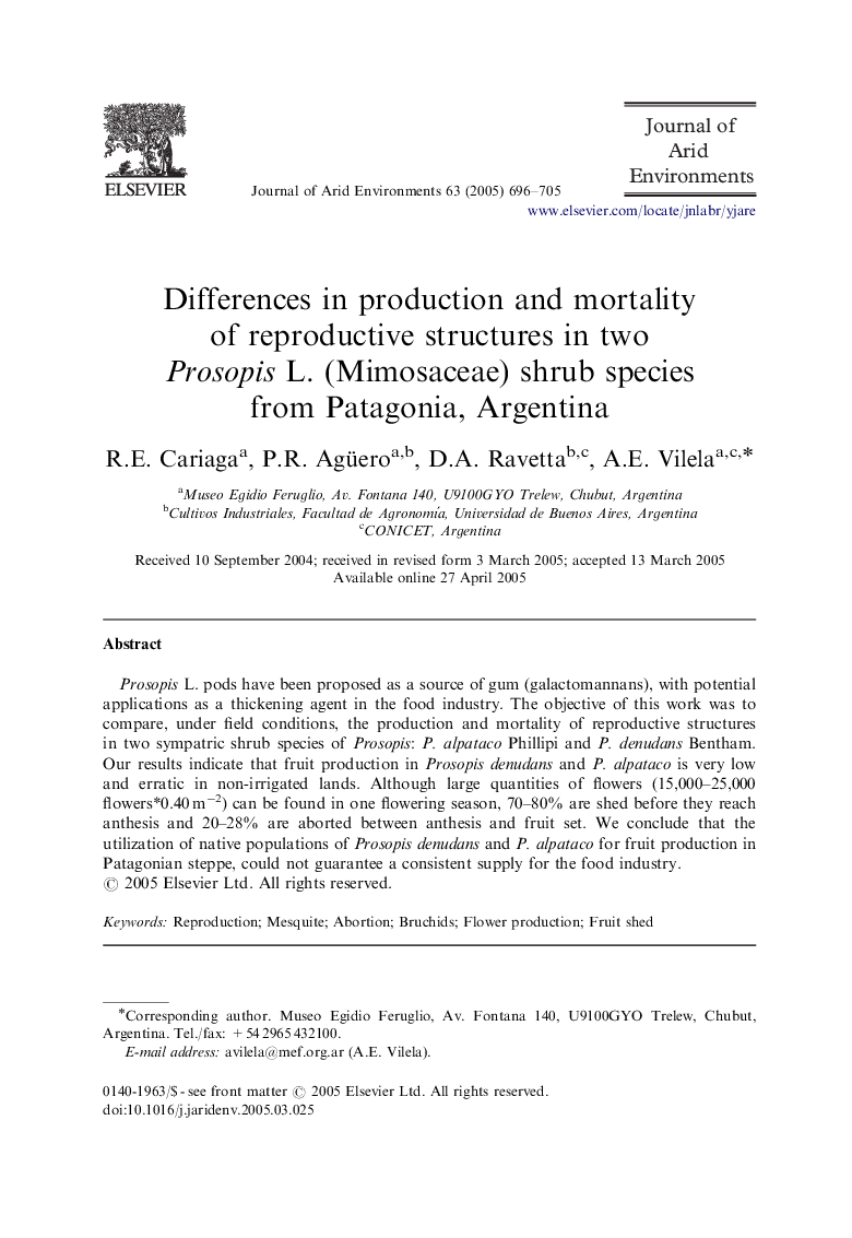 Differences in production and mortality of reproductive structures in two Prosopis L. (Mimosaceae) shrub species from Patagonia, Argentina