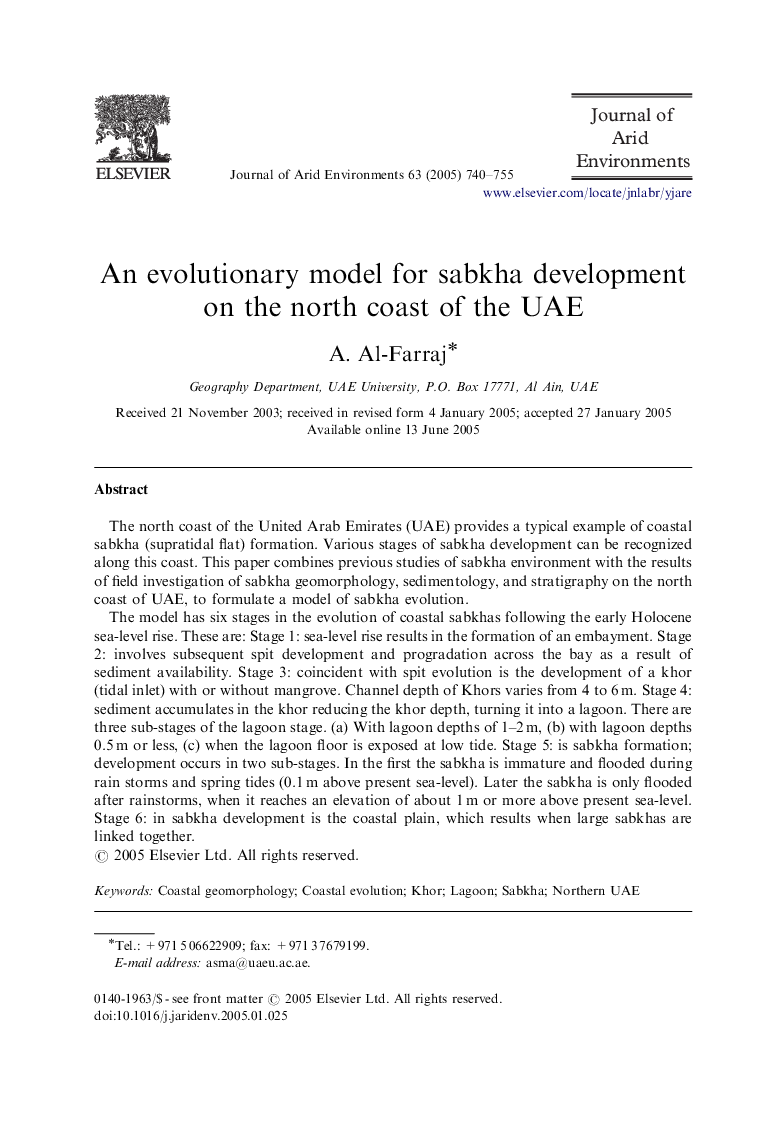 An evolutionary model for sabkha development on the north coast of the UAE