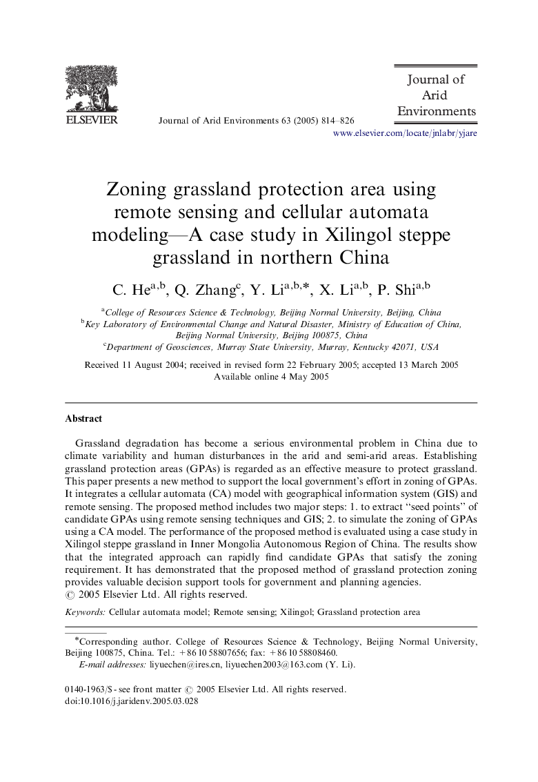 Zoning grassland protection area using remote sensing and cellular automata modeling-A case study in Xilingol steppe grassland in northern China