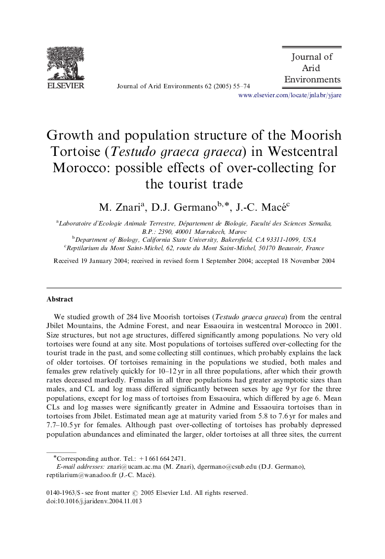 Growth and population structure of the Moorish Tortoise (Testudo graeca graeca) in Westcentral Morocco: possible effects of over-collecting for the tourist trade