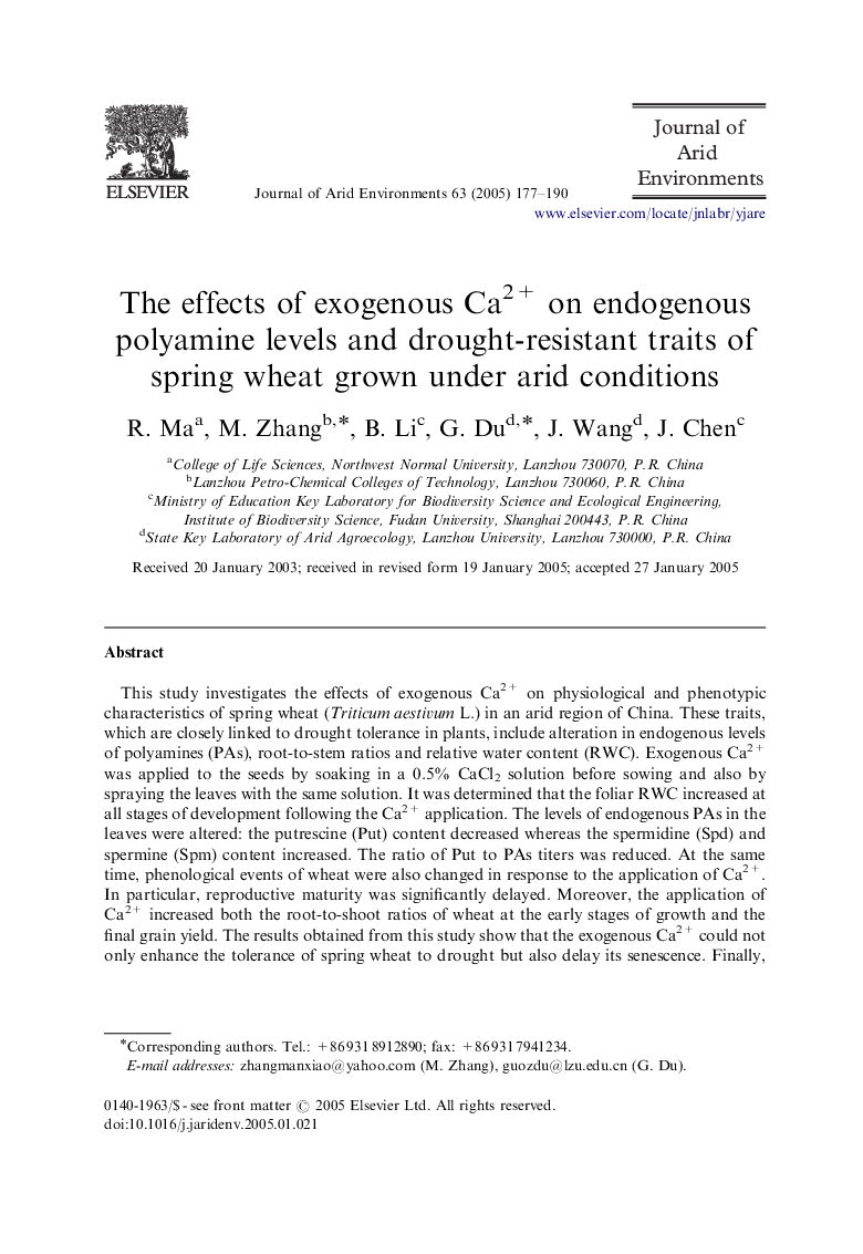 The effects of exogenous Ca2+ on endogenous polyamine levels and drought-resistant traits of spring wheat grown under arid conditions