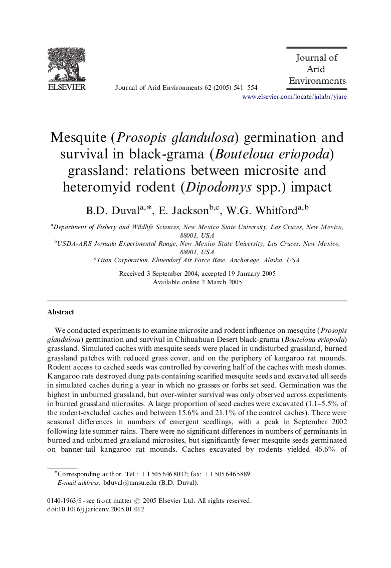 Mesquite (Prosopis glandulosa) germination and survival in black-grama (Bouteloua eriopoda) grassland: relations between microsite and heteromyid rodent (Dipodomys spp.) impact