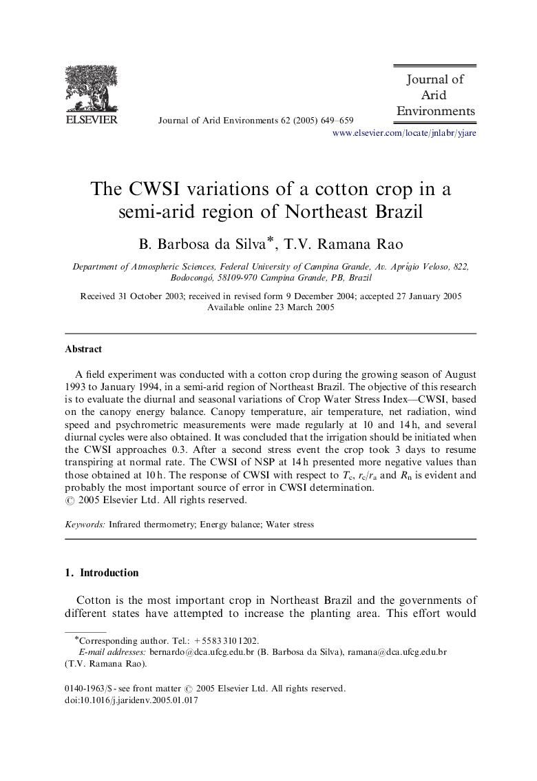 The CWSI variations of a cotton crop in a semi-arid region of Northeast Brazil
