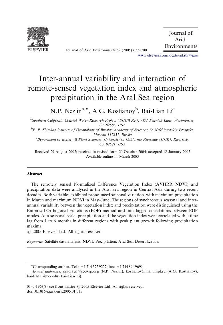 Inter-annual variability and interaction of remote-sensed vegetation index and atmospheric precipitation in the Aral Sea region