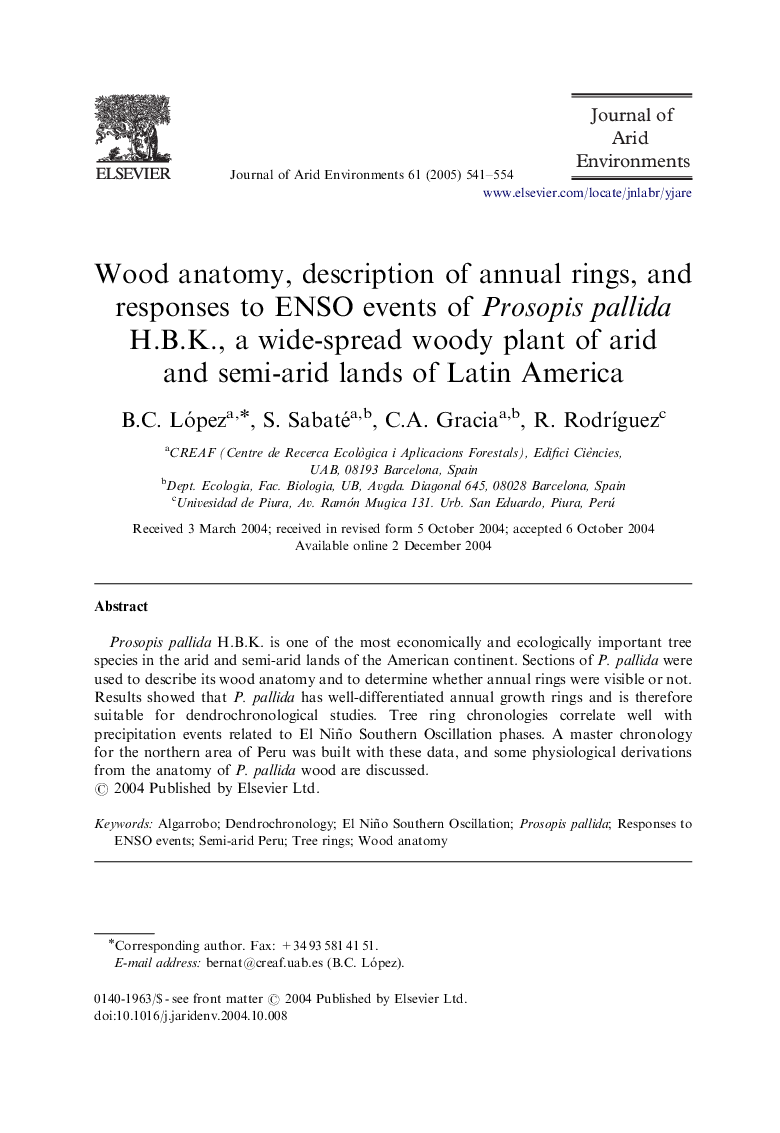 Wood anatomy, description of annual rings, and responses to ENSO events of Prosopis pallida H.B.K., a wide-spread woody plant of arid and semi-arid lands of Latin America