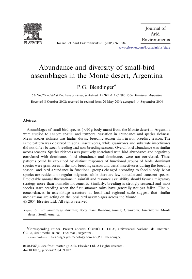 Abundance and diversity of small-bird assemblages in the Monte desert, Argentina