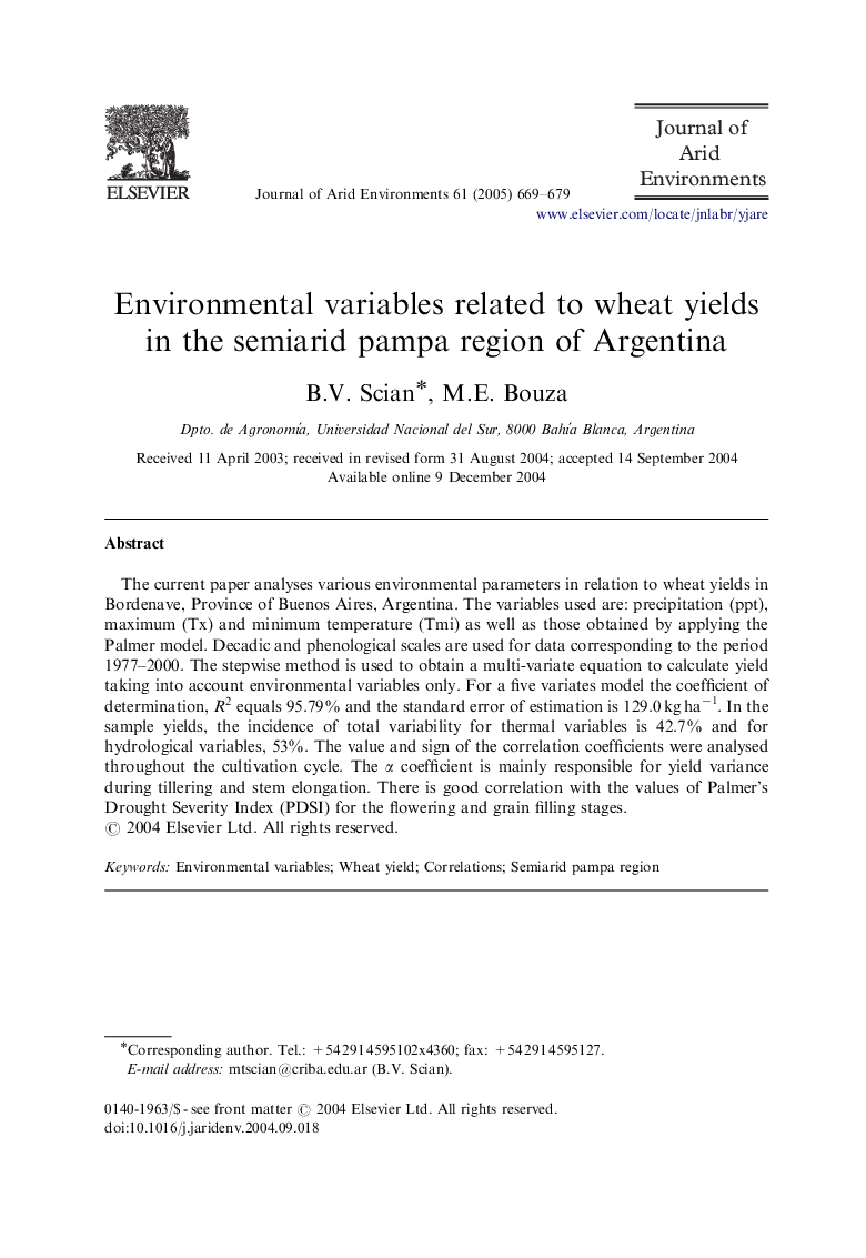 Environmental variables related to wheat yields in the semiarid pampa region of Argentina