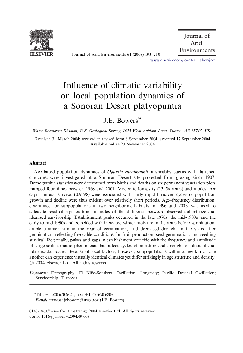 Influence of climatic variability on local population dynamics of a Sonoran Desert platyopuntia