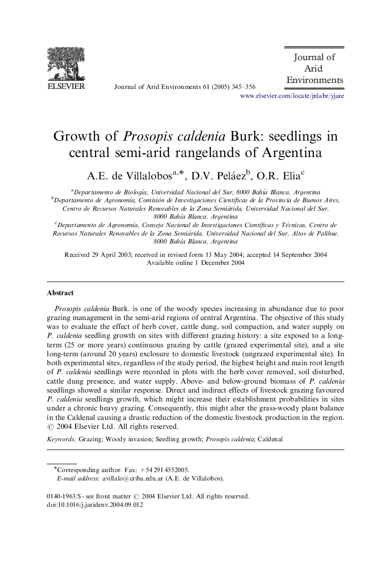 Growth of Prosopis caldenia Burk: seedlings in central semi-arid rangelands of Argentina
