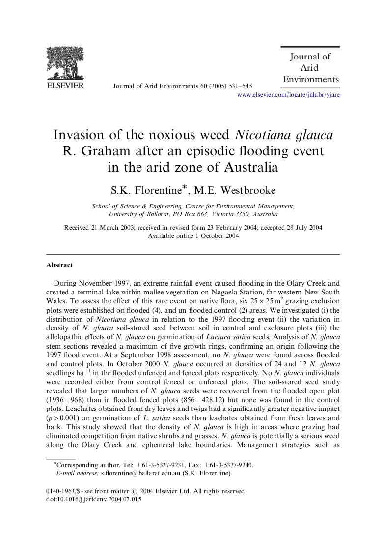 Invasion of the noxious weed Nicotiana glauca R. Graham after an episodic flooding event in the arid zone of Australia