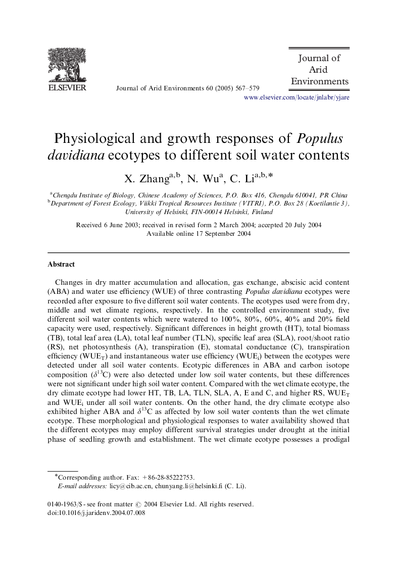 Physiological and growth responses of Populus davidiana ecotypes to different soil water contents