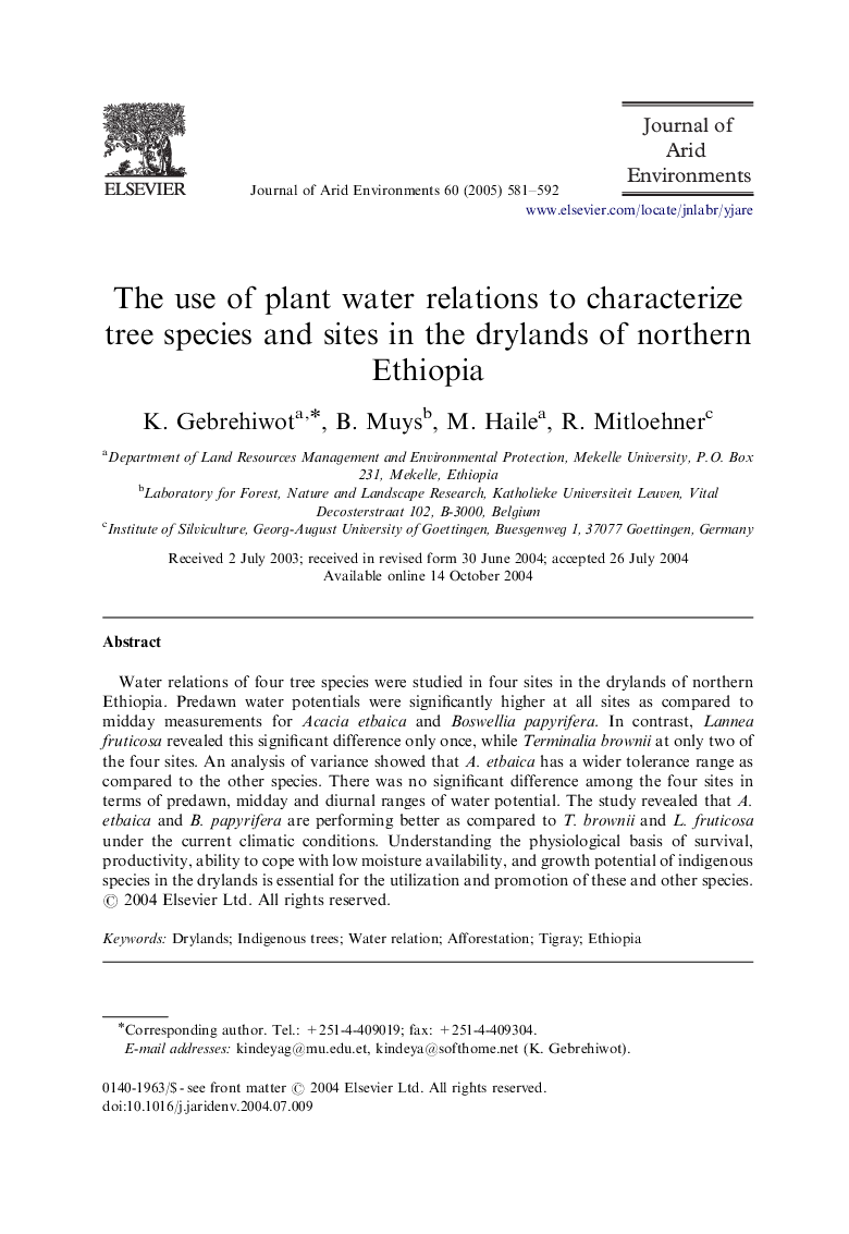 The use of plant water relations to characterize tree species and sites in the drylands of northern Ethiopia