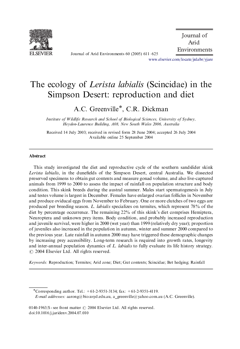 The ecology of Lerista labialis (Scincidae) in the Simpson Desert: reproduction and diet