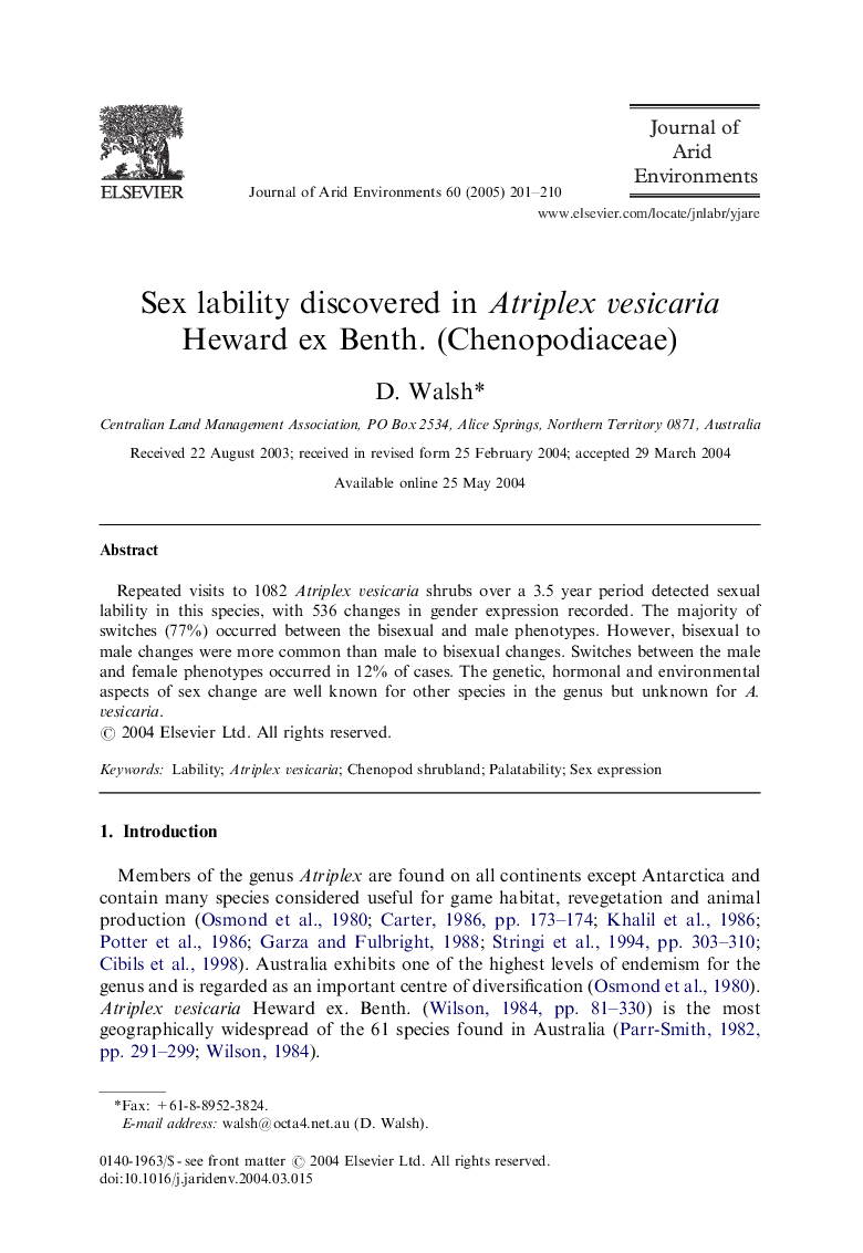 Sex lability discovered in Atriplex vesicaria Heward ex Benth. (Chenopodiaceae)