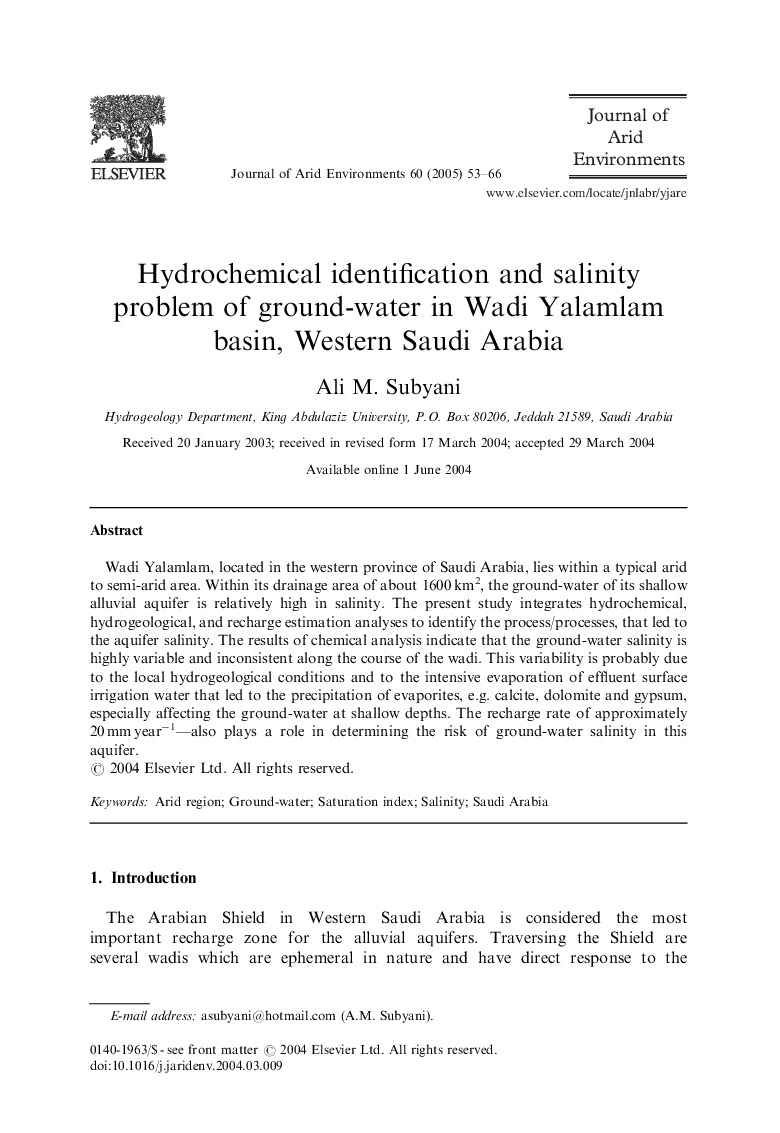 Hydrochemical identification and salinity problem of ground-water in Wadi Yalamlam basin, Western Saudi Arabia