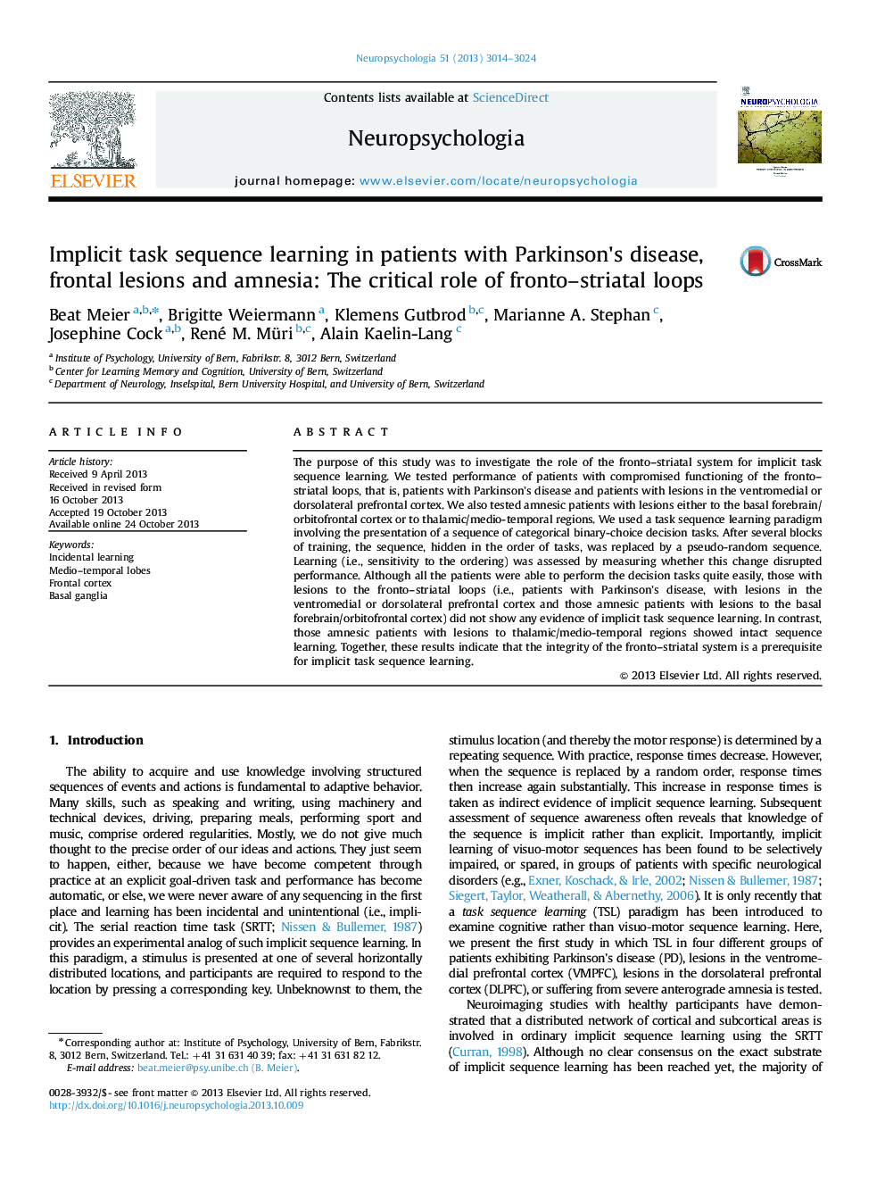 Implicit task sequence learning in patients with Parkinson's disease, frontal lesions and amnesia: The critical role of fronto–striatal loops