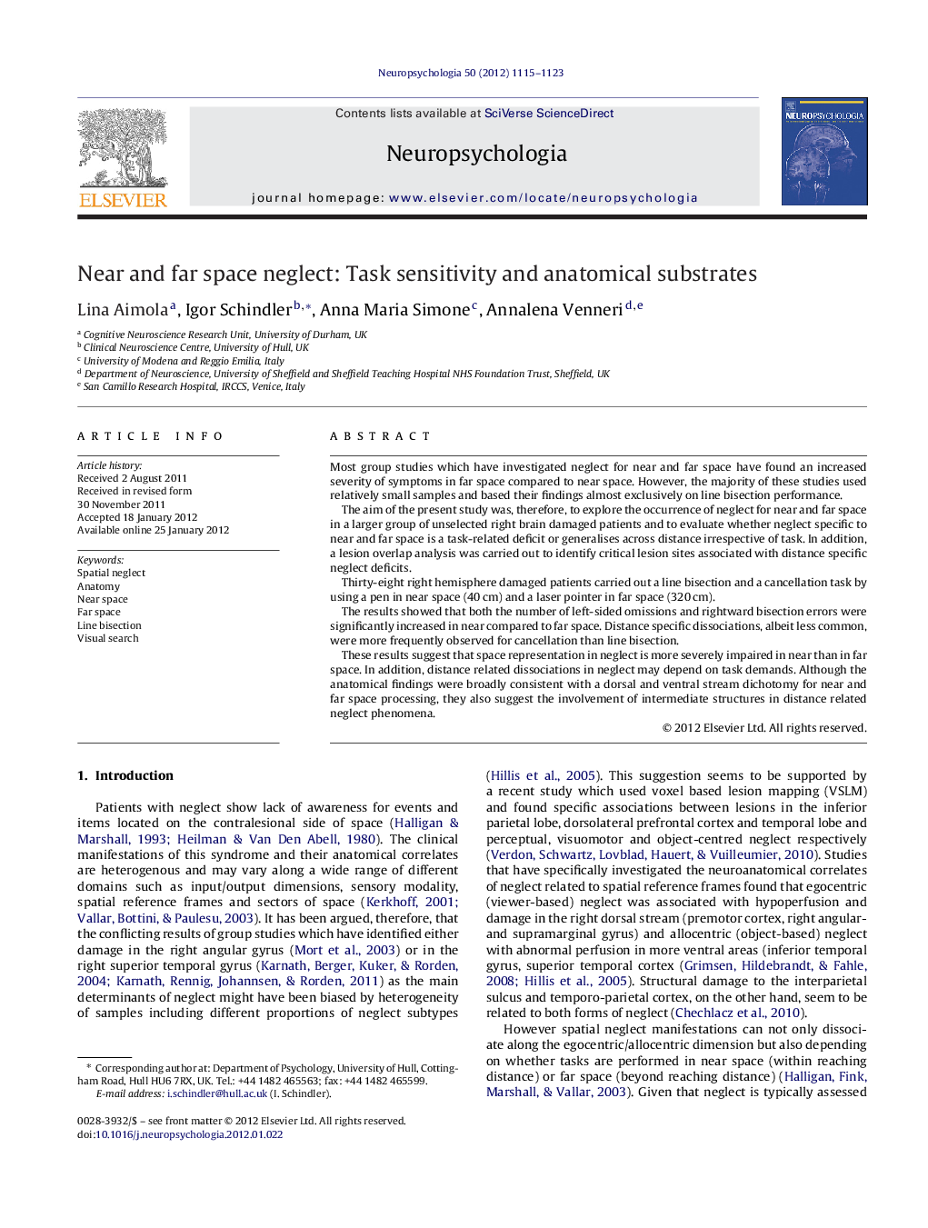 Near and far space neglect: Task sensitivity and anatomical substrates