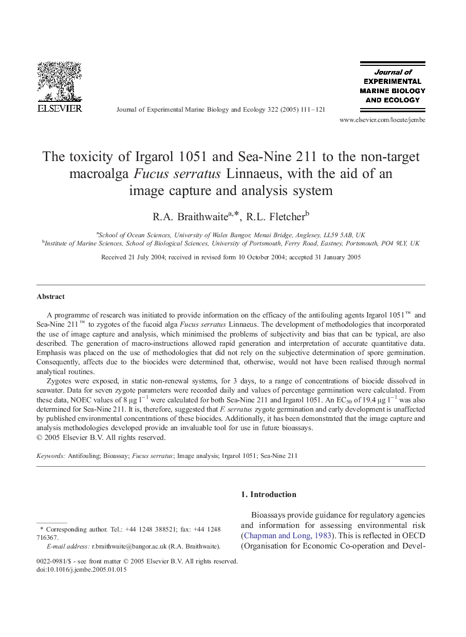 The toxicity of Irgarol 1051 and Sea-Nine 211 to the non-target macroalga Fucus serratus Linnaeus, with the aid of an image capture and analysis system