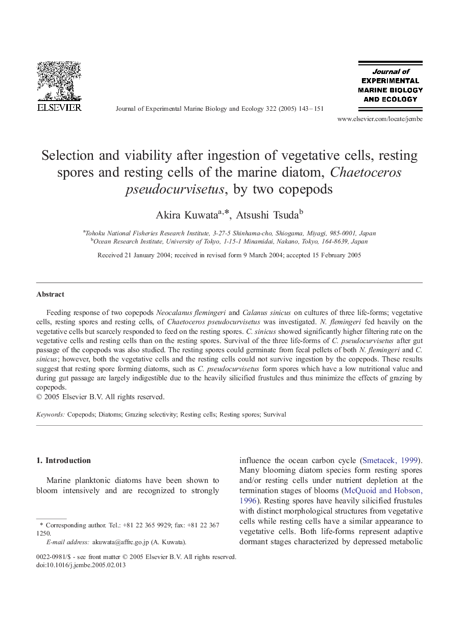 Selection and viability after ingestion of vegetative cells, resting spores and resting cells of the marine diatom, Chaetoceros pseudocurvisetus, by two copepods